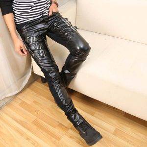 New Arrival Mens Korean Gothic Punk Fashion Faux Leather Pants PU with Buckles Gothtopia https://gothtopia.com