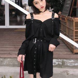 Hard Punk Black Suspenders Dress Harajuku Gothic New Arrival Off Shoulder Sexy Shirt Dress S-M Gothtopia https://gothtopia.com