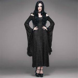 Gothic Victoria Black Sexy Long Dress Steampunk Deep V-Neck Batwing Sleeve Hooded Formal Dress Gothtopia https://gothtopia.com