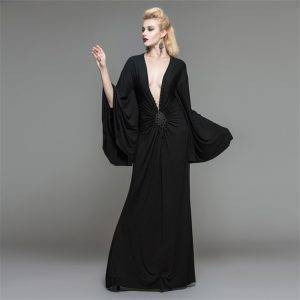 SteamPunk Black Deep V-Neck Gothic Sexy Floor-length Dress SML Gothtopia https://gothtopia.com