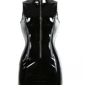 Black PVC Leather Bodycon High Collar Zipper Front Gothic Punk Sleeveless Mini Dress S-2XL Gothtopia https://gothtopia.com