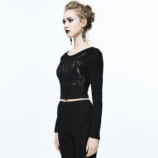 Black Sexy Long Sleeve Stretch Punk Gothic Short Round Collar Sexy Perspective Short Top SML Gothtopia https://gothtopia.com