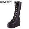 Punk Gothic Black Casual Knee High Wedges Platform Lace up Boots Gothtopia https://gothtopia.com