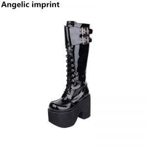 Gothic Punk Motorcycle High Heels Boots with Top Buckle Black or PU Leather Sz: 3.5-16 Gothtopia https://gothtopia.com