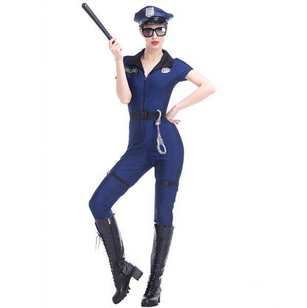 Sexy Deep V Neck Blue Police Jumpsuit Long Sleeve Policewomen Costume Adult Women Halloween Party Cops Officer Uniform Gothtopia https://gothtopia.com
