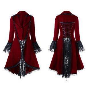 Lace Trim Lace-up High Low Coat Black Steampunk Victorian Style Gothic Jacket Medieval Noble Court Dress S-3XL Gothtopia https://gothtopia.com