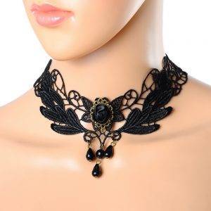 Women’s Gothic Black Fabric Rose Flower Beads Pendant Choker Lace Necklace Gothtopia https://gothtopia.com