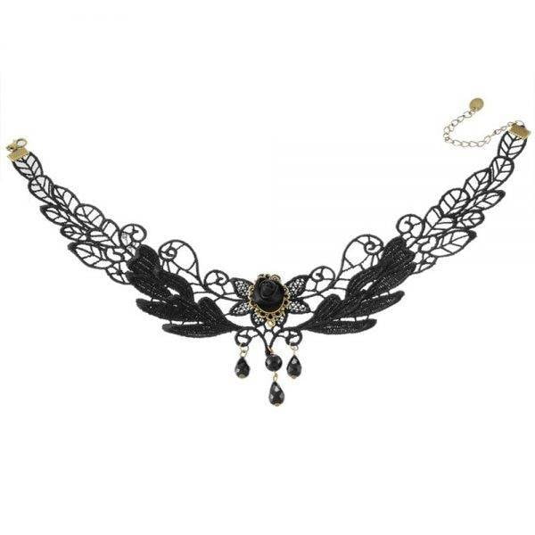Women’s Gothic Black Fabric Rose Flower Beads Pendant Choker Lace Necklace Gothtopia https://gothtopia.com