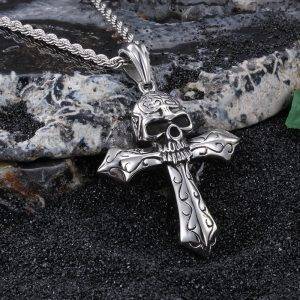 Large Stainless steel Skeleton skull Cross Pendant Men’s Rope Gothic 22” Necklace Gothtopia https://gothtopia.com
