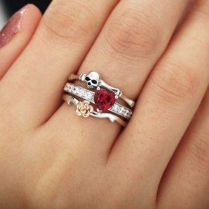 Gothic Skull Finger Silver Wedding Rings Set For Women Girl Red Heart Crystal CZ Rose Flower Gothtopia https://gothtopia.com