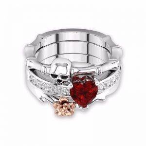 Gothic Skull Finger Silver Wedding Rings Set For Women Girl Red Heart Crystal CZ Rose Flower Gothtopia https://gothtopia.com
