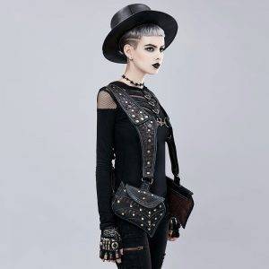 Corzzet Gothic Retro Rock Black Rivets PU Leather Steampunk Packbag Cool Vest Bag Gothtopia https://gothtopia.com