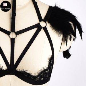 Sexy Gothic Feather Epaulets Lace Sheer Caged Bra Bralette Body Harness Lingerie Gothtopia https://gothtopia.com