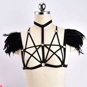 Gothic Feather Shrug Black Harness Pentagram Bralette Body Cage Bra Gothtopia https://gothtopia.com