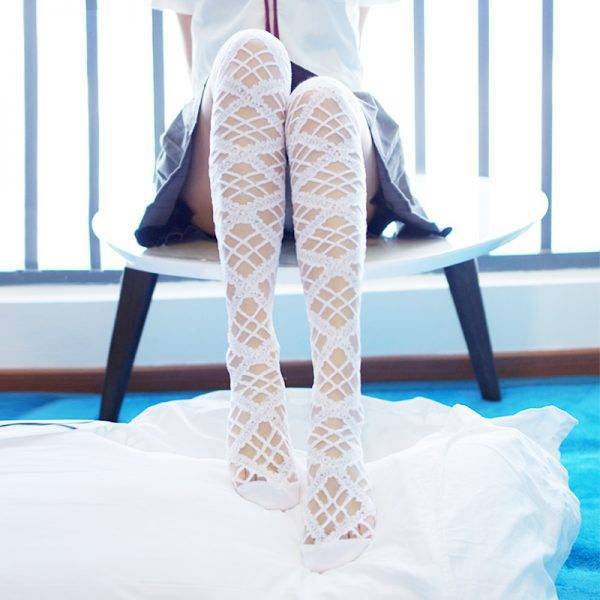Sweet Hollow Out White/Black Gothic Stockings Thigh High Lace Long Summer Stockings Gothtopia https://gothtopia.com