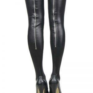 Black Leather Stockings Erotic Back Zipper Women Thigh High Stockings with Stay Up Silicone Gothtopia https://gothtopia.com