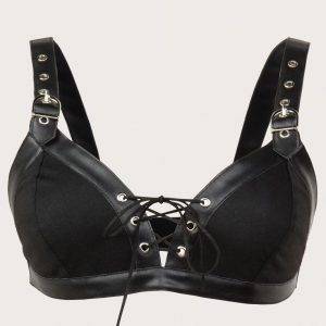 Black Leather Cotton Lace Up Buckle Sexy Push Up Bralette Top Gothic Bras S-2XL Gothtopia https://gothtopia.com