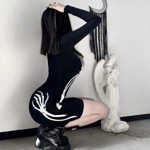 Sexy Punk Gothic Hands Bra Skeleton Halloween Costume – Bodycon Mini Dress Women’s Long Sleeve Gothtopia https://gothtopia.com
