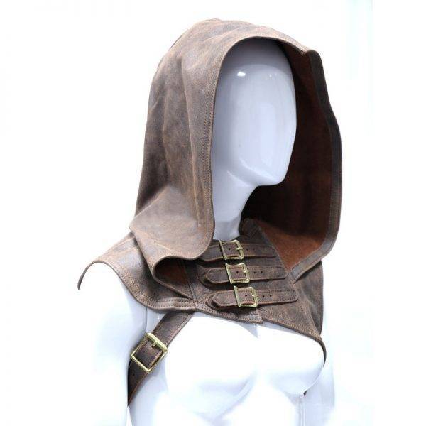 Vintage Medieval Leather Hood Cape Halloween Monk Cowls Capelet Windproof Neck Warmer Buckle Suede Mantle Headwear For Men Women Gothtopia https://gothtopia.com