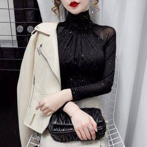 Gothic Korean Women’s Elegant Mesh High-Neck Sexy Black Casual Bright Silk Top Gothtopia https://gothtopia.com