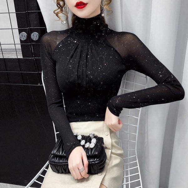 Gothic Korean Women’s Elegant Mesh High-Neck Sexy Black Casual Bright Silk Top Gothtopia https://gothtopia.com