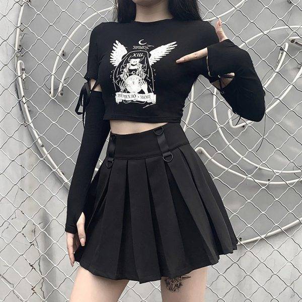 Punk Dark Gothic Women’s Angel Print All-match Lace-up Stitching Long-sleeved Top – SML Gothtopia https://gothtopia.com