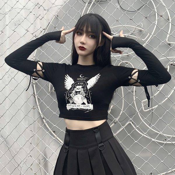Punk Dark Gothic Women’s Angel Print All-match Lace-up Stitching Long-sleeved Top – SML Gothtopia https://gothtopia.com