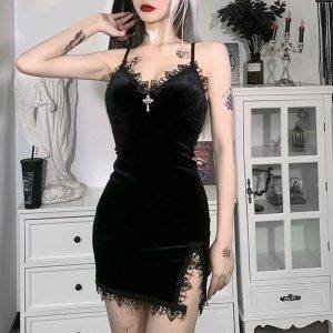 Gothic Dark Cross Black Mini Dress Vintage Sexy Spaghetti Strap High Waist Slit Dress Gothtopia https://gothtopia.com