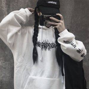 Women’s Loose Streetwear Black Punk Sweatshirt Knitted Hooded Sexy Print Hoodies S-XL Gothtopia https://gothtopia.com