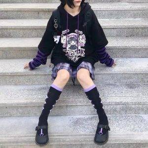 Women’s Oversized Gothic “Trick or Treat” Black Hoodies with Anime Long Sleeve Korean Style S-2XL Gothtopia https://gothtopia.com