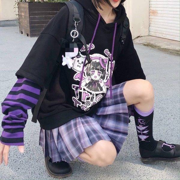 Women’s Oversized Gothic “Trick or Treat” Black Hoodies with Anime Long Sleeve Korean Style S-2XL Gothtopia https://gothtopia.com