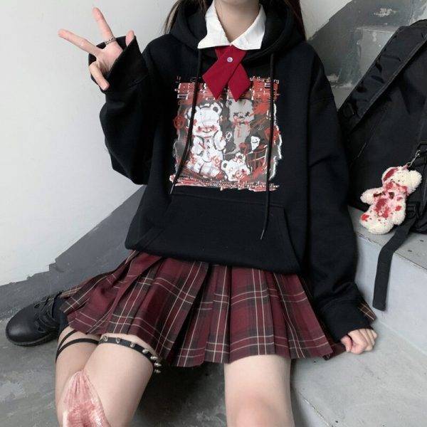 Women’s Loose Black “Horror Bears” Anime Print Hoodie – Long Sleeve Pullover S-XL Gothtopia https://gothtopia.com