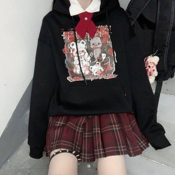 Women’s Loose Black “Horror Bears” Anime Print Hoodie – Long Sleeve Pullover S-XL Gothtopia https://gothtopia.com