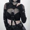 Black Cold Shoulder Hoodies Women’s Gothic Sexy Long Sleeve Crop Tops Cool Chain Fashion Gothtopia https://gothtopia.com
