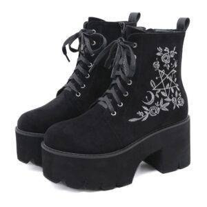 Gothic Flower Chunky Punk Suede Leather Women’s Lace Up Back Zipper Platform Boots Gothtopia https://gothtopia.com