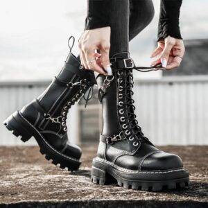 High Quality Sexy Lacing Women’s Leather Autumn/Winter Block Heel Gothic Black Punk Style Platform Boots Gothtopia https://gothtopia.com