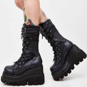 Gothic Platform Mid-Calf Winter Boots- Comfy Woman’s Motorcycle Boots Gothtopia https://gothtopia.com