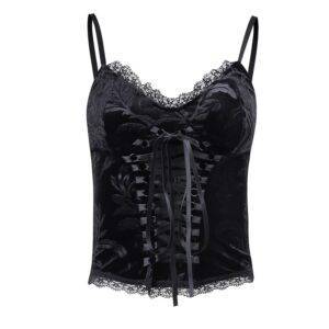 Gothic Clothes Lace Tank Tops Sexy Sleeveless Black Crop Top – Spaghetti Strap Cross Tie Up Camisole Gothtopia https://gothtopia.com