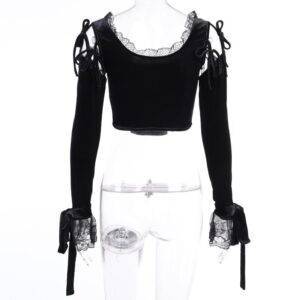 Goth Vintage Women’s Victorian Blouse Bodycon Bandage Lace U-neck Shoulder Hollow Sleeve Tops Gothtopia https://gothtopia.com