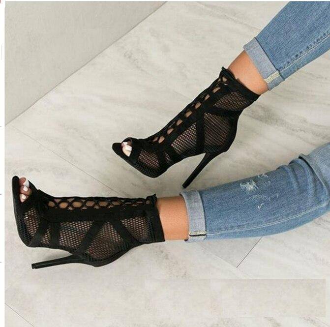 Aneikeh 2022 Fashion Basic Sandals Boots Women High Heels Pumps Sexy Hollow Out Mesh Lace-Up Cross-tied Boots Party Shoes Party