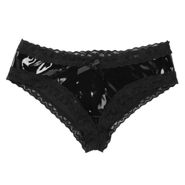New Black Night Wet Look Patent Leather Lace trim edge V-back Sexy Panties S-XL Gothtopia https://gothtopia.com