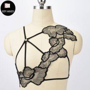 Black Gothic Body Lace Sheer Flowers Sexy Body Harness Bondage Hollow Out Bralette Gothtopia https://gothtopia.com
