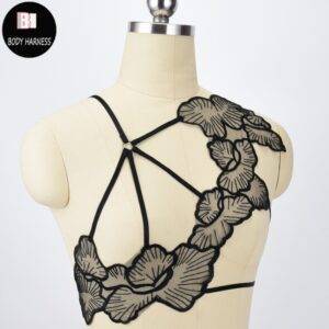 Black Gothic Body Lace Sheer Flowers Sexy Body Harness Bondage Hollow Out Bralette Gothtopia https://gothtopia.com