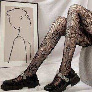Gothic Pentagram Stars Fishnet Stockings – Black White Hollow Breathable Sexy Stockings Pantyhose Tights Gothtopia https://gothtopia.com