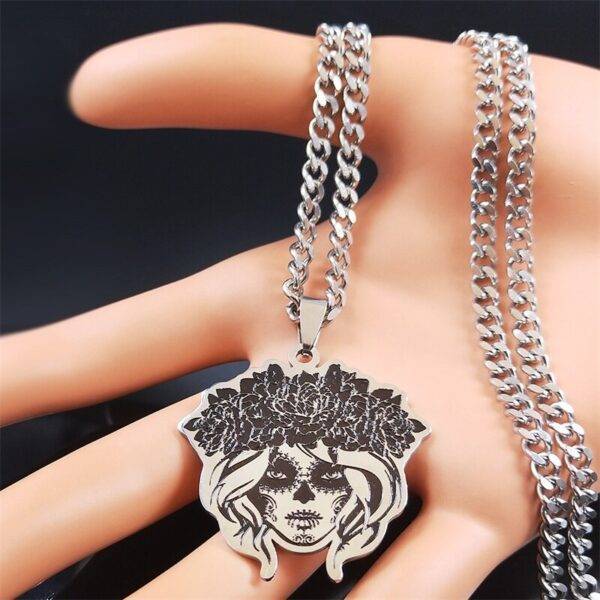 Stainless Steel Gothic Mexican Female Skull Necklaces for Women Silver Color Chain Necklace Gothtopia https://gothtopia.com