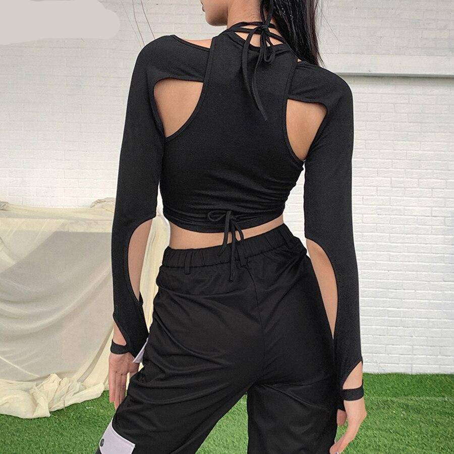 Nibber Gothic hollow tshirt 2 pieces crop top summer black Punk bandage tassel top high streetwear party top cotton tees female
