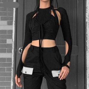 2 Pieces Gothic Hollow Black Punk Bandage Tassel Crop Top Cotton Streetwear Gothtopia https://gothtopia.com