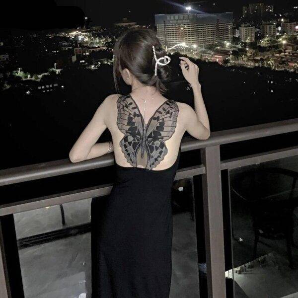 Black Gothic Lady Sexy Backless Long Dress Butterfly Mesh Hollow Out Sleeveless Dresses Gothtopia https://gothtopia.com