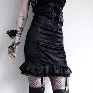 Black Gothic Women’s Elegant Sexy Pleated Lace-up Ribbon Eyelet Lace Patchwork Skirt Gothtopia https://gothtopia.com