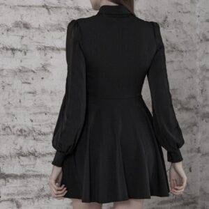 Black Gothic Women Mini Dress – Hollow-out Mesh Patchwork Transparent Long-sleeve Moon Pendant Dark Dress Gothtopia https://gothtopia.com